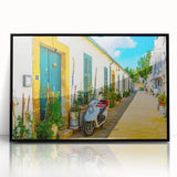 Large abstract wall art depicting a European Cyprus landscape in muted earth tones on a framed acrylic.