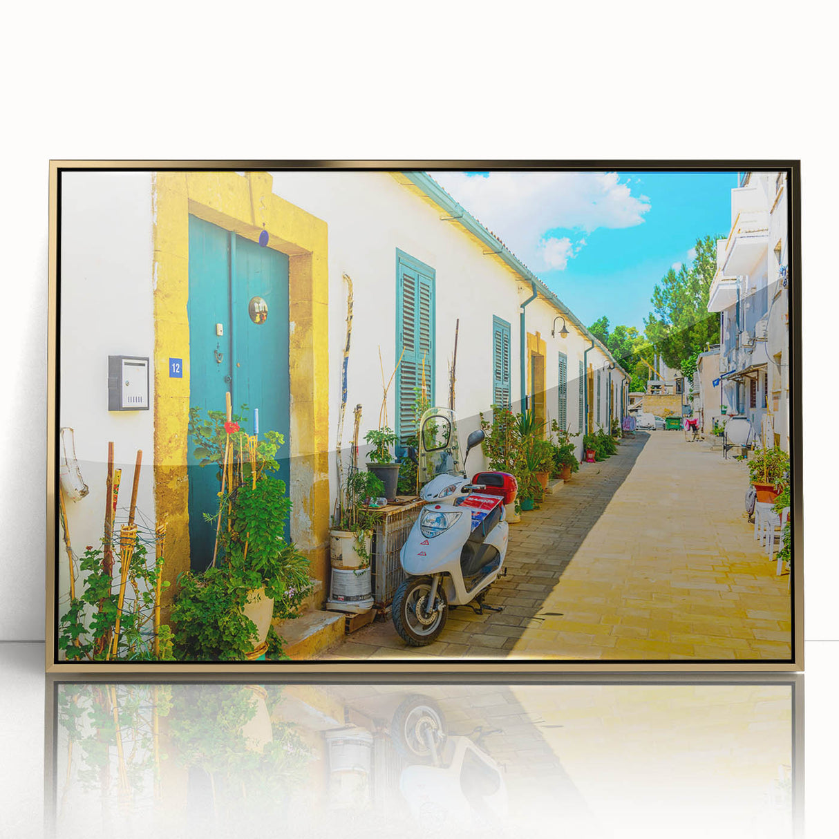 Art Deco poster of a European Cyprus landscape in muted gold tones on framed acrylic, suitable for modern art wall decor.