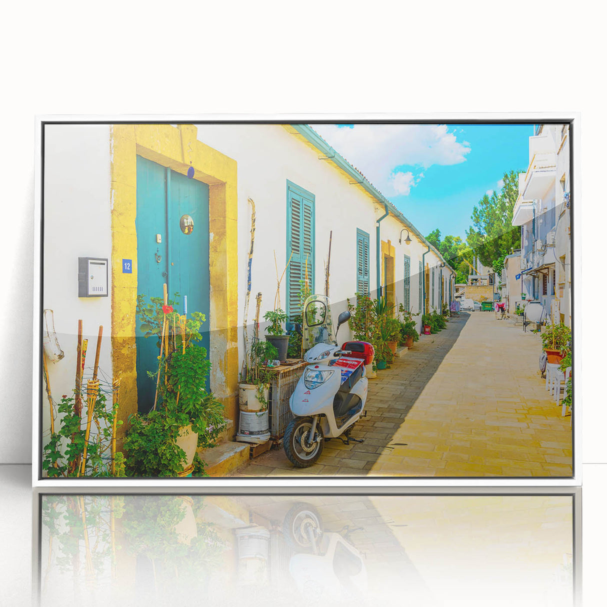Mid-century modernist art depicting a European Cyprus landscape in muted earth tones on a framed acrylic.