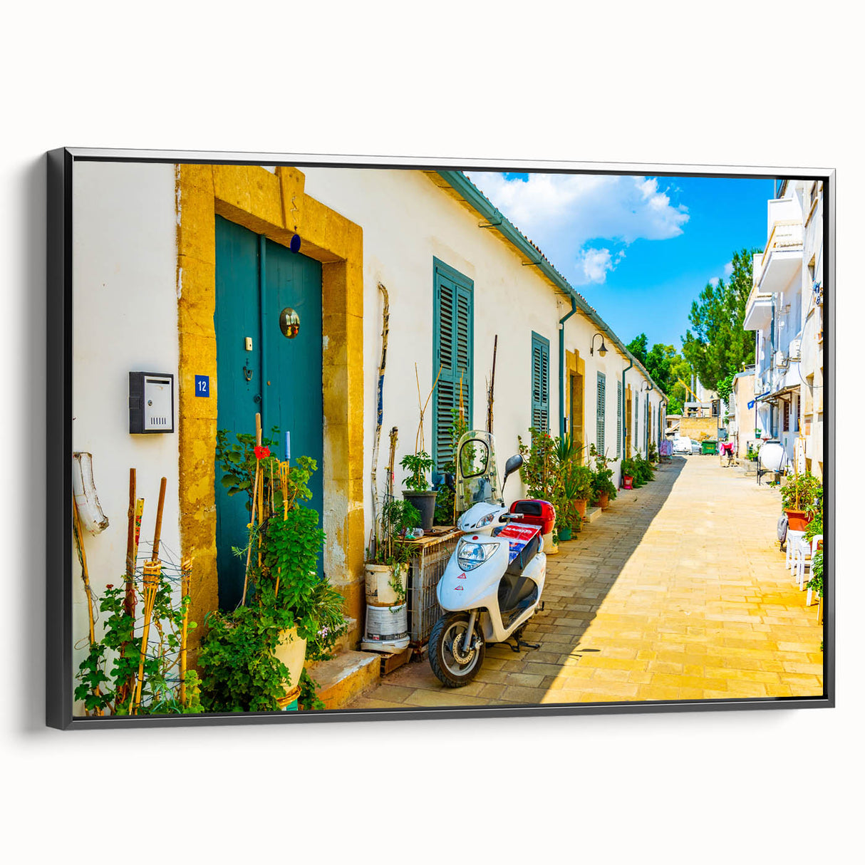Black and white landscape art painting of a European scenery on framed canvas, ideal for bedroom decor.