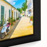 Extra large black wall art featuring a textured European Cyprus scenery in vibrant colors on a framed canvas.