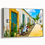 Framed canvas depicting a vintage-style landscape painting of Cyprus with vibrant, colorful art in a black frame.