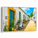 Vintage poster art of a European Cyprus landscape on framed canvas, featuring vibrant colors, ideal for living room decor.