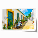 Rolled print of a European Cyprus landscape with vibrant green and blue tones, ideal for dining room wall art.