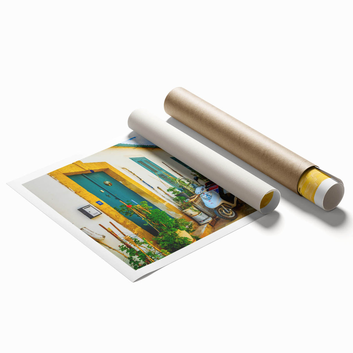 Extra large rolled print featuring a floral art scene from Cyprus, in muted earth tones, ideal for classy bathroom wall art.