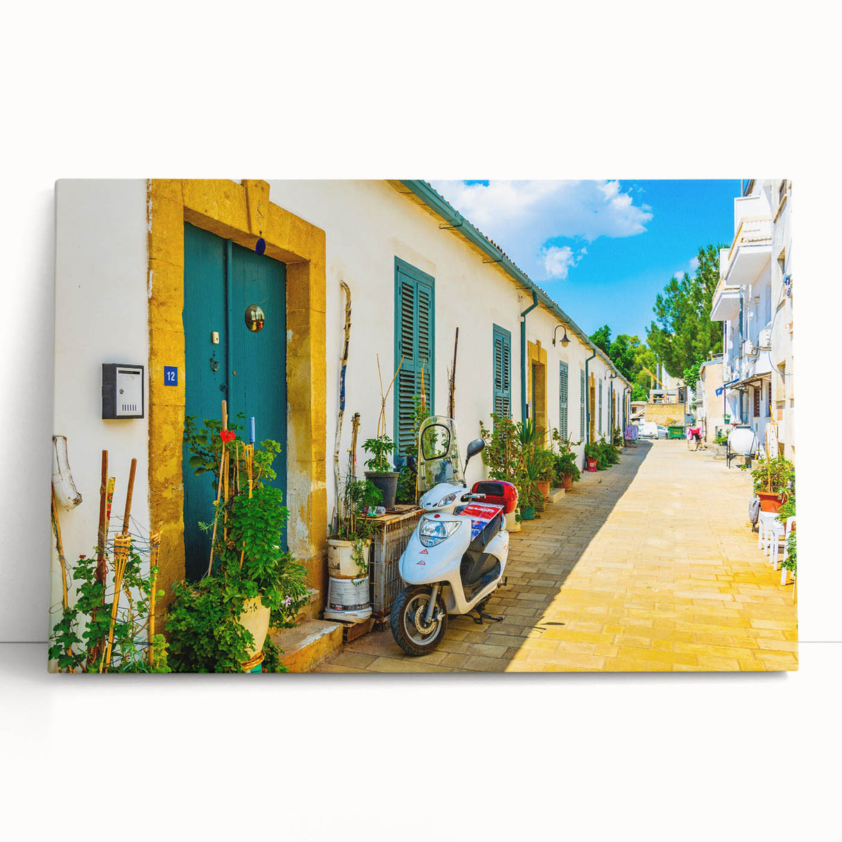 Large black and white photo of a European Cyprus street on stretched canvas, ideal for kitchen wall art.