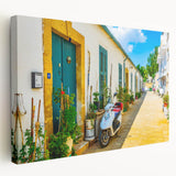 Large art print of a European Cyprus landscape on stretched canvas, featuring muted earth tones.