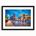 Colorful abstract art print of Prague scenery in vibrant hues, framed in black, suitable for living room decor.
