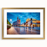 Abstract art print of Prague skyline in muted gold and blue tones on a framed canvas, suitable for dining room decor.