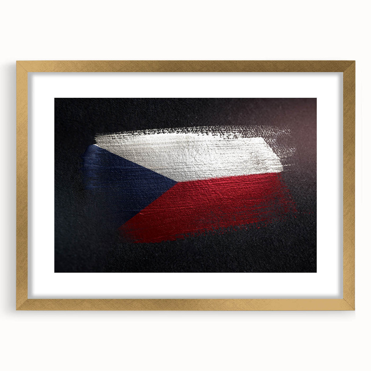 Abstract art print of a Czech Republic scenery in muted gold and green tones, framed with a gold mat.