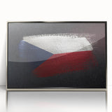 Large art print of a Czech Republic scenery in mid-century modernist style, framed in silver acrylic.