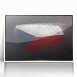 Mid-century modernist art of a Czech Republic scenery in muted earth tones on a framed acrylic, ideal for nursery wall decor.