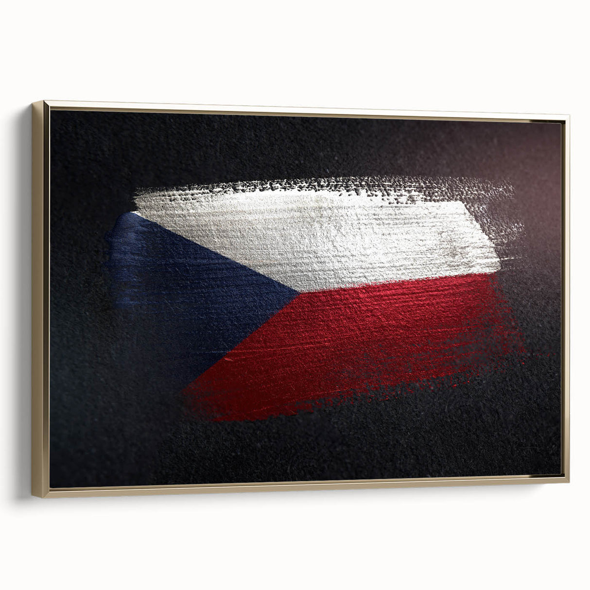 Framed canvas featuring a vintage-style landscape painting of the Czech Republic, with muted earth tones.