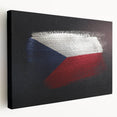 Large stretched canvas featuring a scenic view of a European cityscape in muted gray and blue tones.