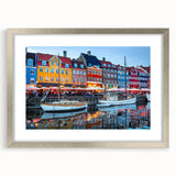 Extra large abstract art print of a European scenery in muted earth tones, framed in silver, ideal for living room decor.