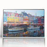 Mid-century modernist art depicting a serene Danish landscape in muted pastel shades, acrylic print framed in white.