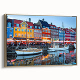 Framed canvas depicting a vintage-style Danish landscape in muted gold and black tones, ideal for bedroom wall art.