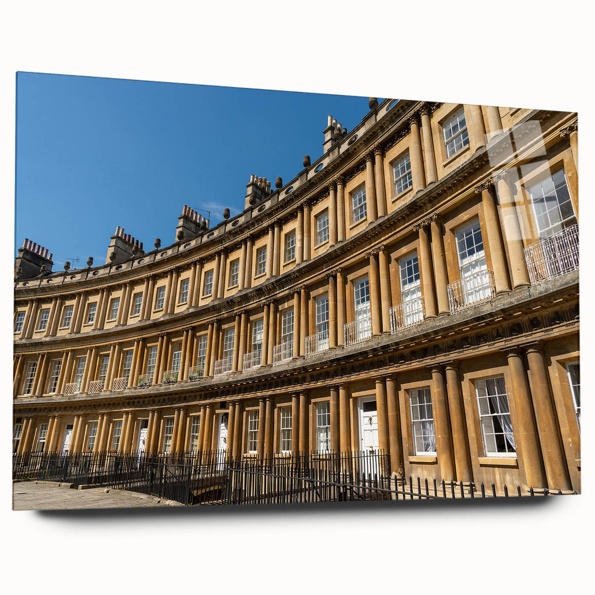 Large abstract wall art of Bath, England in muted watercolor tones on acrylic glass.