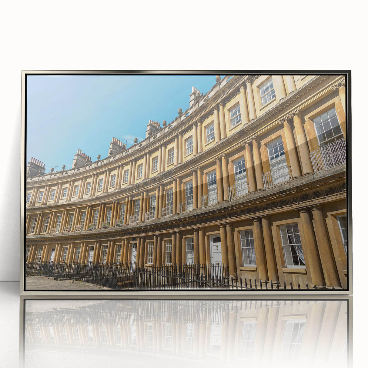 Mid-century modernist art of Bath, England in muted colors on a framed acrylic, ideal for modern art wall decor.