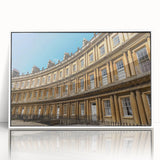 Mid-century modernist art of Bath, England in muted blues and greens on framed acrylic, ideal for modern art wall decor.