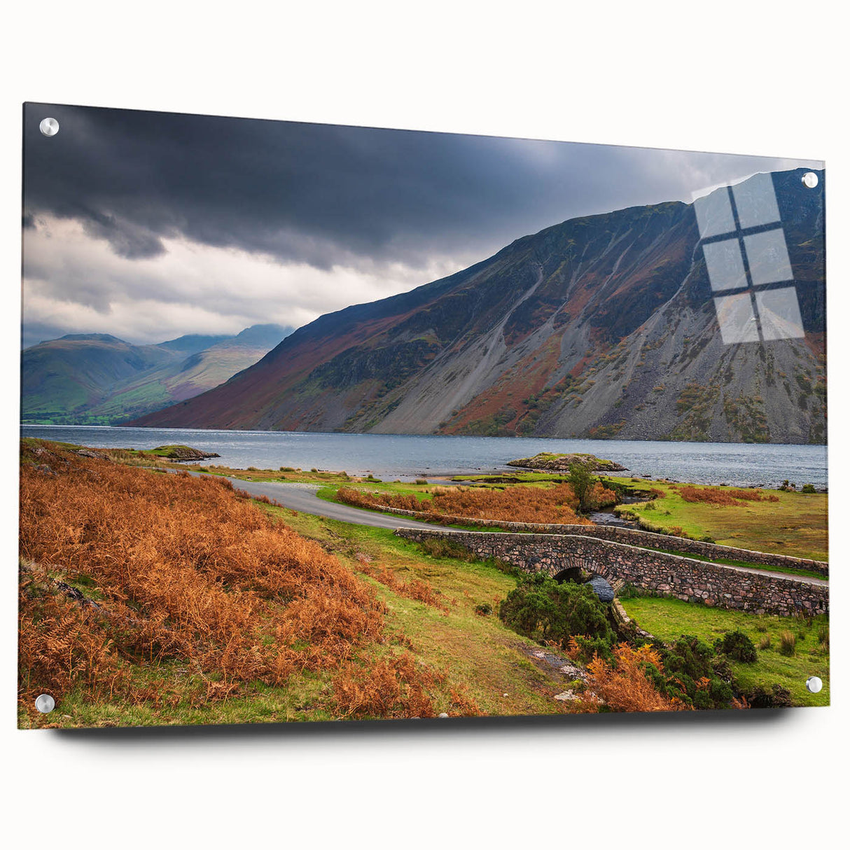 Acrylic print of Cumbria, England landscape featuring green fields and distant hills, ideal for dining room decor.