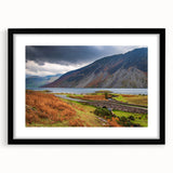 Extra large abstract art print of a colorful, textured Cumbrian landscape on a framed black mat, ideal for living room decor.