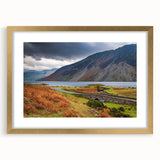 Abstract art print of a serene Cumbrian landscape in muted green and blue tones on a framed canvas.