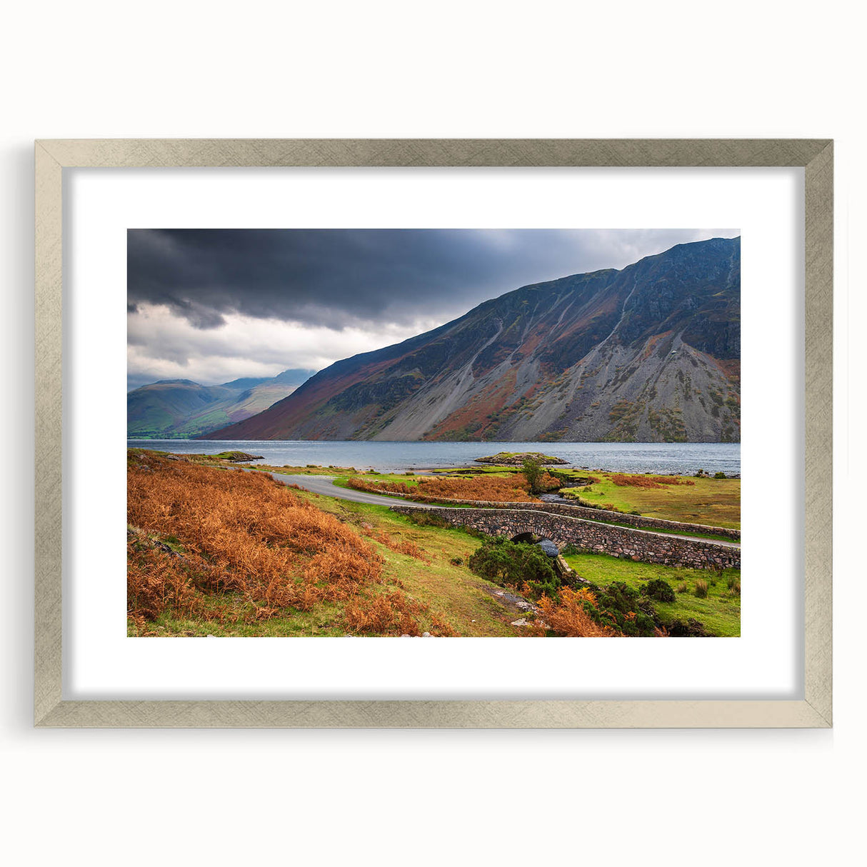 Extra large abstract art print depicting a textured European scenery, in muted earth tones, framed in silver.