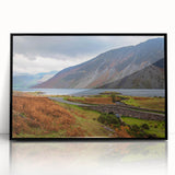 Large abstract wall art of Cumbria landscape in muted earth tones, framed in black acrylic.