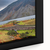 Extra large black wall art depicting a textured European Cumbria scenery in vibrant colors, framed canvas.