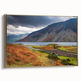 Framed canvas depicting a serene Cumbria landscape in muted earth tones, ideal for bedroom wall art.