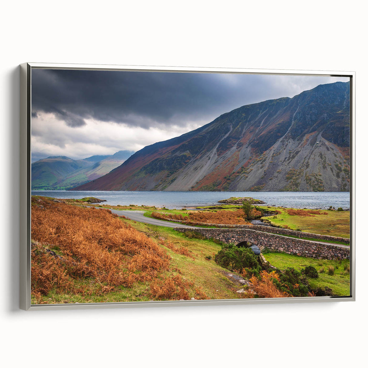 Landscape art painting of Cumbria, England, featuring colorful rolling hills on a framed canvas, ideal for living room decor.
