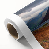 Art Deco style poster of Cumbria, England landscape in muted greens and blues on rolled canvas, ideal for nursery wall art.