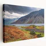 Large art depicting a serene Cumbrian landscape on stretched canvas, using soft earth tones, ideal for kitchen wall art.