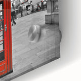 Large abstract depiction of the London skyline in muted gray and blue tones on acrylic glass, suitable for dining room art.