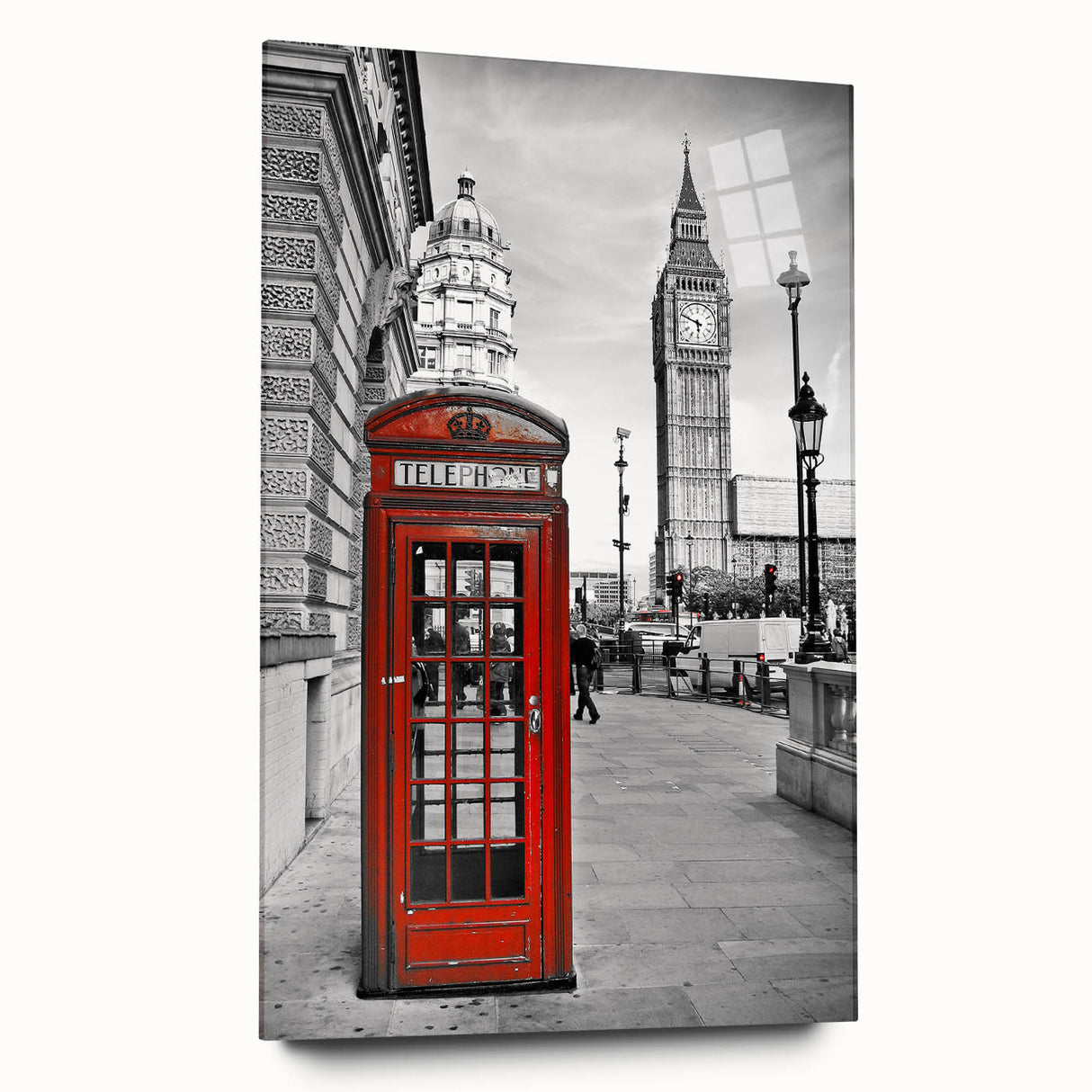 Acrylic print of a large abstract depiction of the London skyline in muted gray and blue tones.