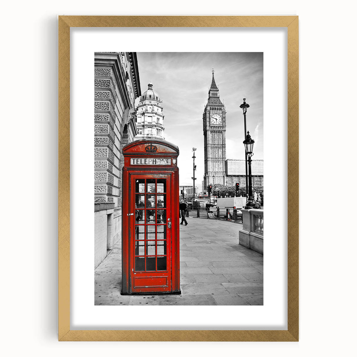 Abstract art print of London skyline in muted gray tones, framed in gold, ideal for bedroom or dining room decor.