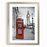 Extra large abstract art print of London scenery in muted gray and blue tones on a textured canvas, framed in silver.