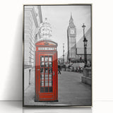 Acrylic print of London scenery in muted gray and blue tones, framed in silver, suitable for modern art wall decor.