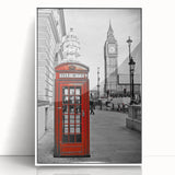 Mid-century modernist London skyline on white acrylic framed print, using muted gray and blue tones.