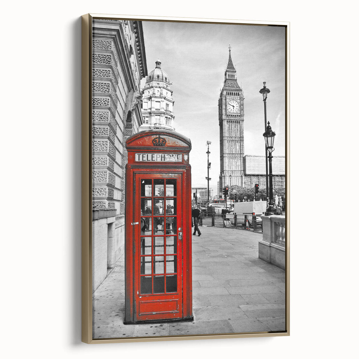 Framed canvas of a vintage-style London landscape in black and gold tones, suitable for bedroom decor.