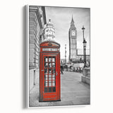 Vintage poster art of London landmarks in colorful hues on a large framed canvas, ideal for living room decor.