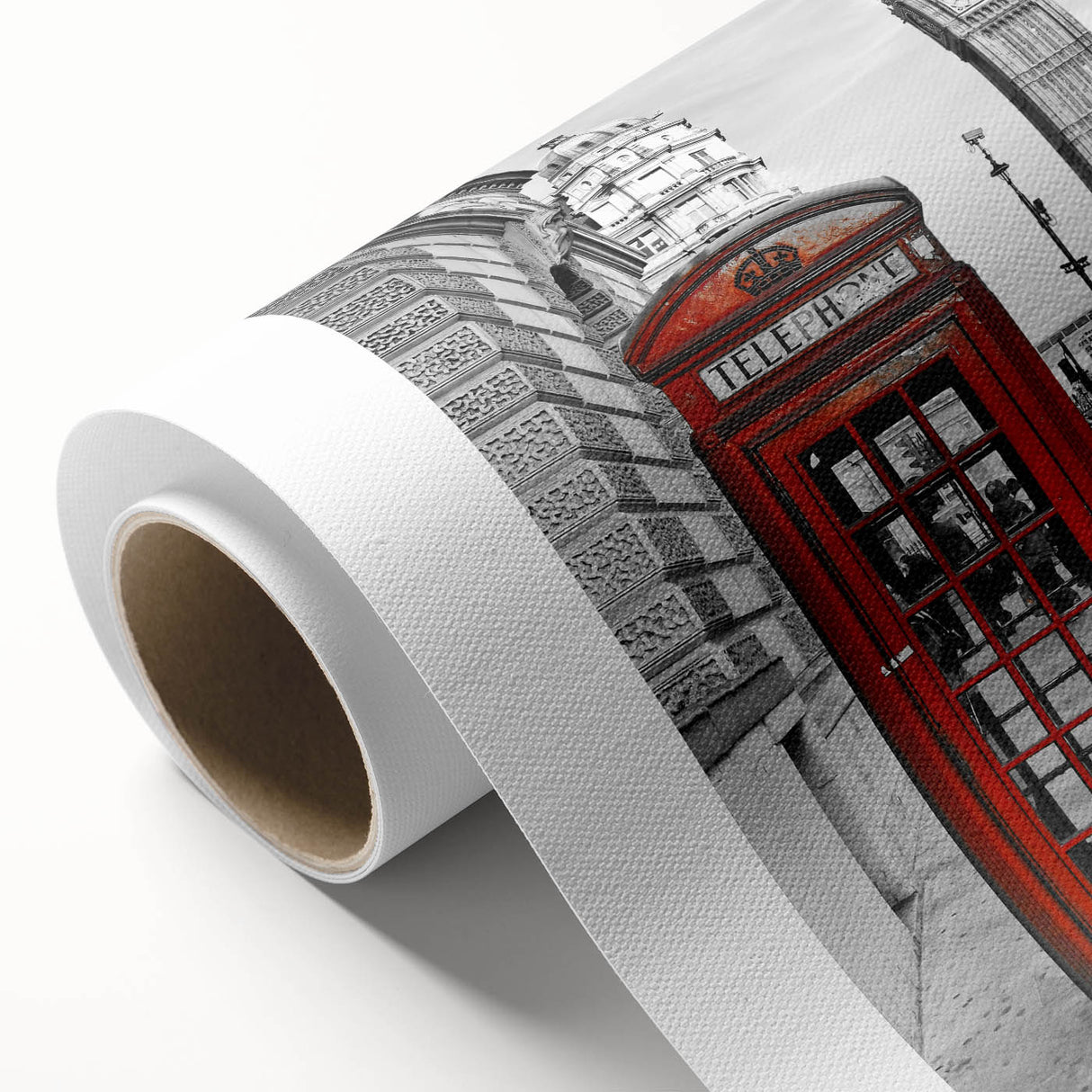 Art deco poster of London scenery on rolled canvas, featuring muted pastel shades.
