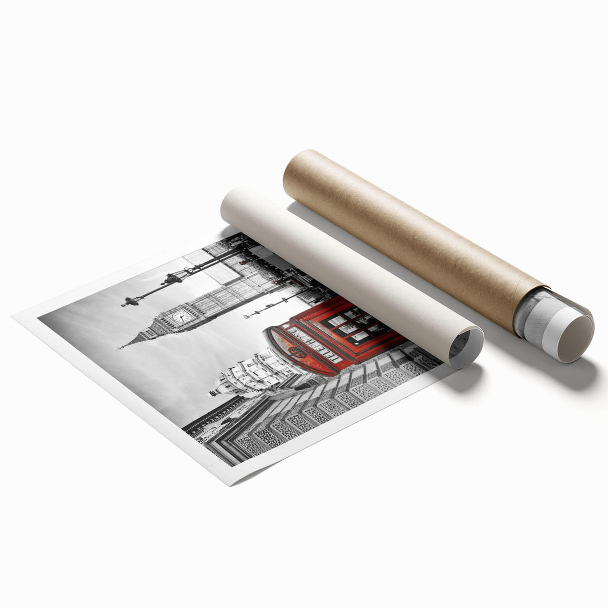 Large rolled print of the London skyline with floral accents in pastel shades.