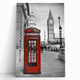 Black and white stretched canvas of London scenery, ideal for kitchen wall art with its large format and minimalist design.