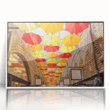 Mid-century modernist art depicting Piccadilly, England, in muted colors on a framed acrylic, ideal for nursery wall art.