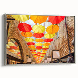 Landscape art painting of Piccadilly, England in colorful tones on a black vintage poster-style framed canvas.