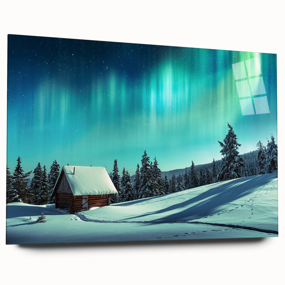 Acrylic print of a serene Finnish landscape in muted green and blue tones, ideal for bedroom or dining room art.