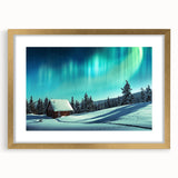 Abstract art print of a serene Finnish landscape in muted blue and green hues on a framed canvas.