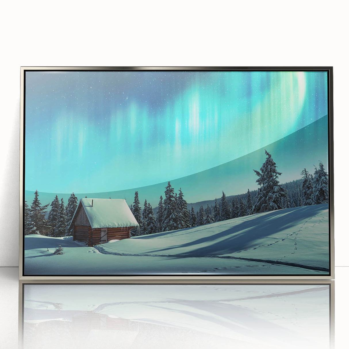 Large art print of a serene Finnish landscape in muted greens and blues on a framed acrylic, ideal for modern art wall decor.